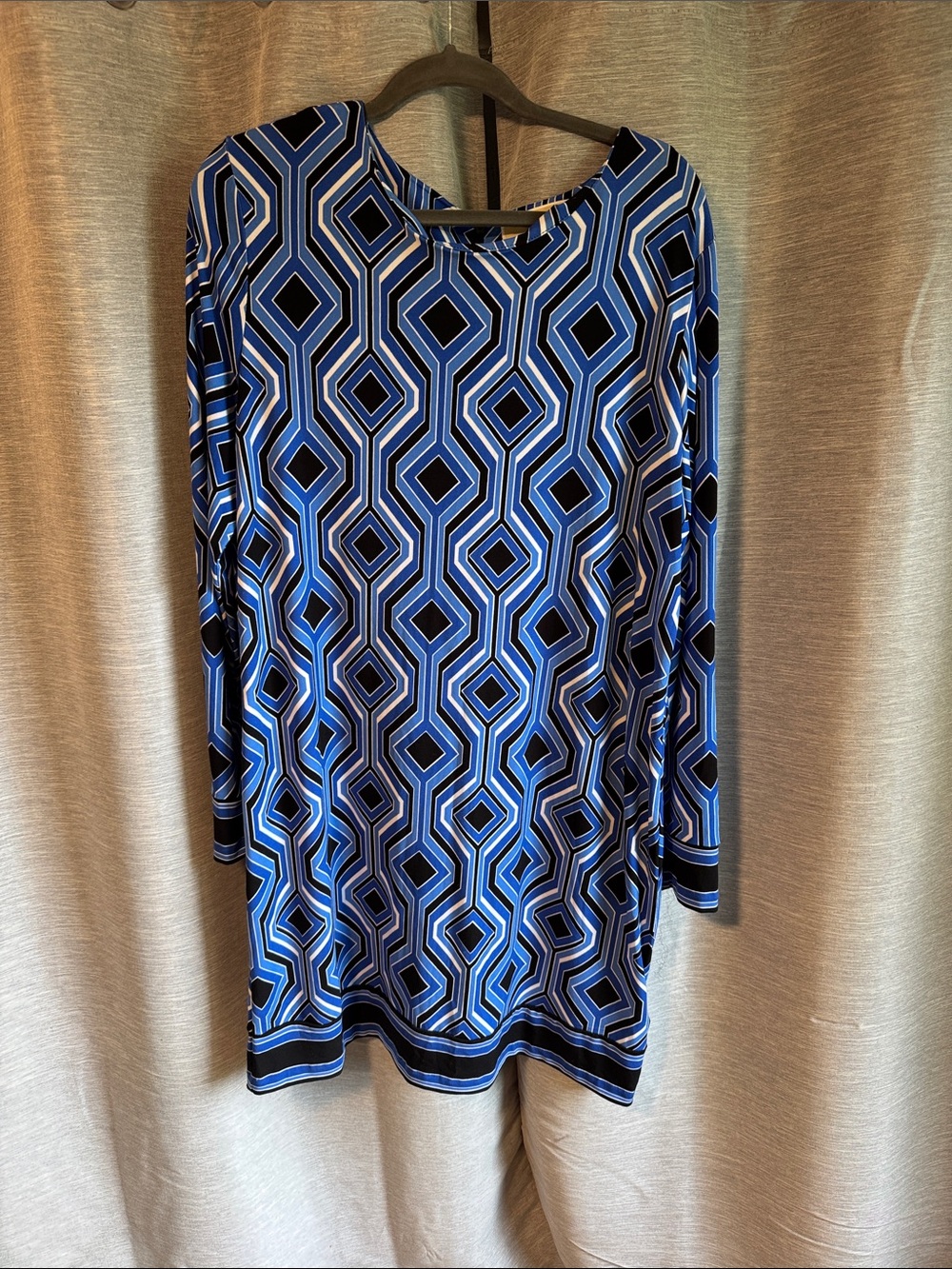 Michael Kors Blue and Black Geometric Print Long Sleeve Dress